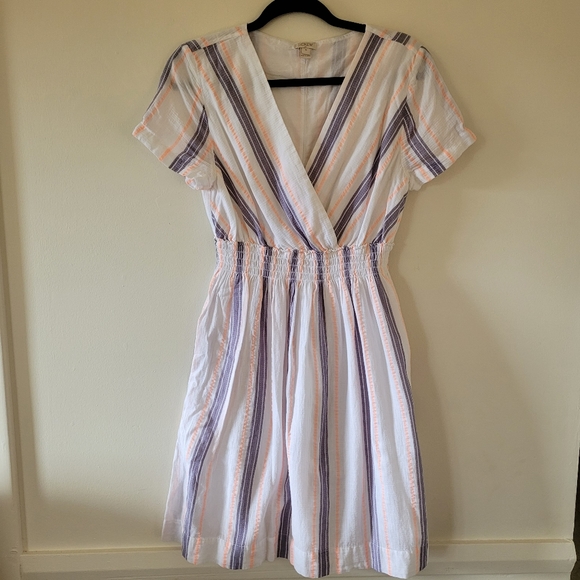 J Crew Factory Medium Cotton V Neck Dress Elastic Waist Stripes - Picture 8 of 10
